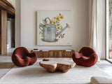 Garden Patch VII Yellow by Leslie Trimbach. Shown as extra-large giant wall art in a modern living room. Available as an archival giclee rolled canvas, fine art paper, or poster print. SKU 90740a.