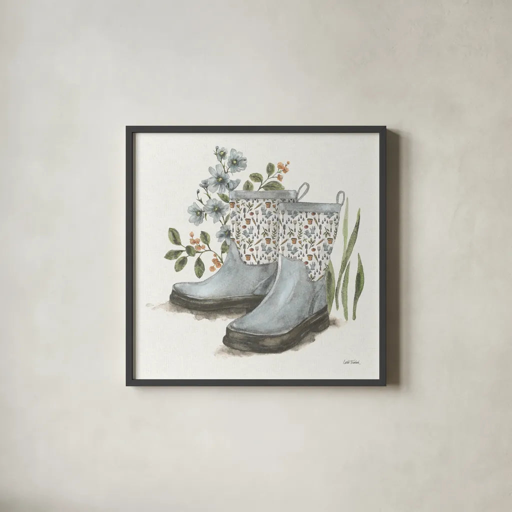 Garden Patch VIII by Leslie Trimbach. Shown in a sleek black glass frame for a contemporary gallery look. Available as an archival giclee rolled canvas, fine art paper, or poster print. SKU 90667a.