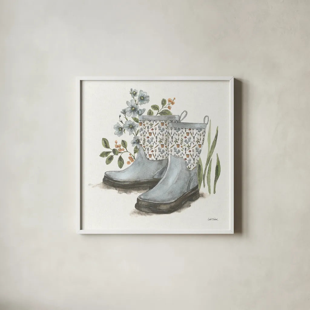 Garden Patch VIII by Leslie Trimbach. Shown in a crisp white glass frame for a clean and minimalist style. Available as an archival giclee rolled canvas, fine art paper, or poster print. SKU 90667a.