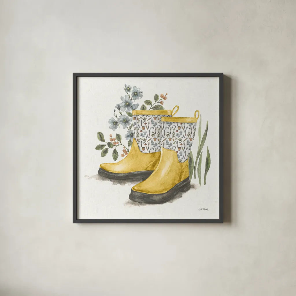 Garden Patch VIII Yellow by Leslie Trimbach. Shown in a sleek black glass frame for a contemporary gallery look. Available as an archival giclee rolled canvas, fine art paper, or poster print. SKU 90741a.