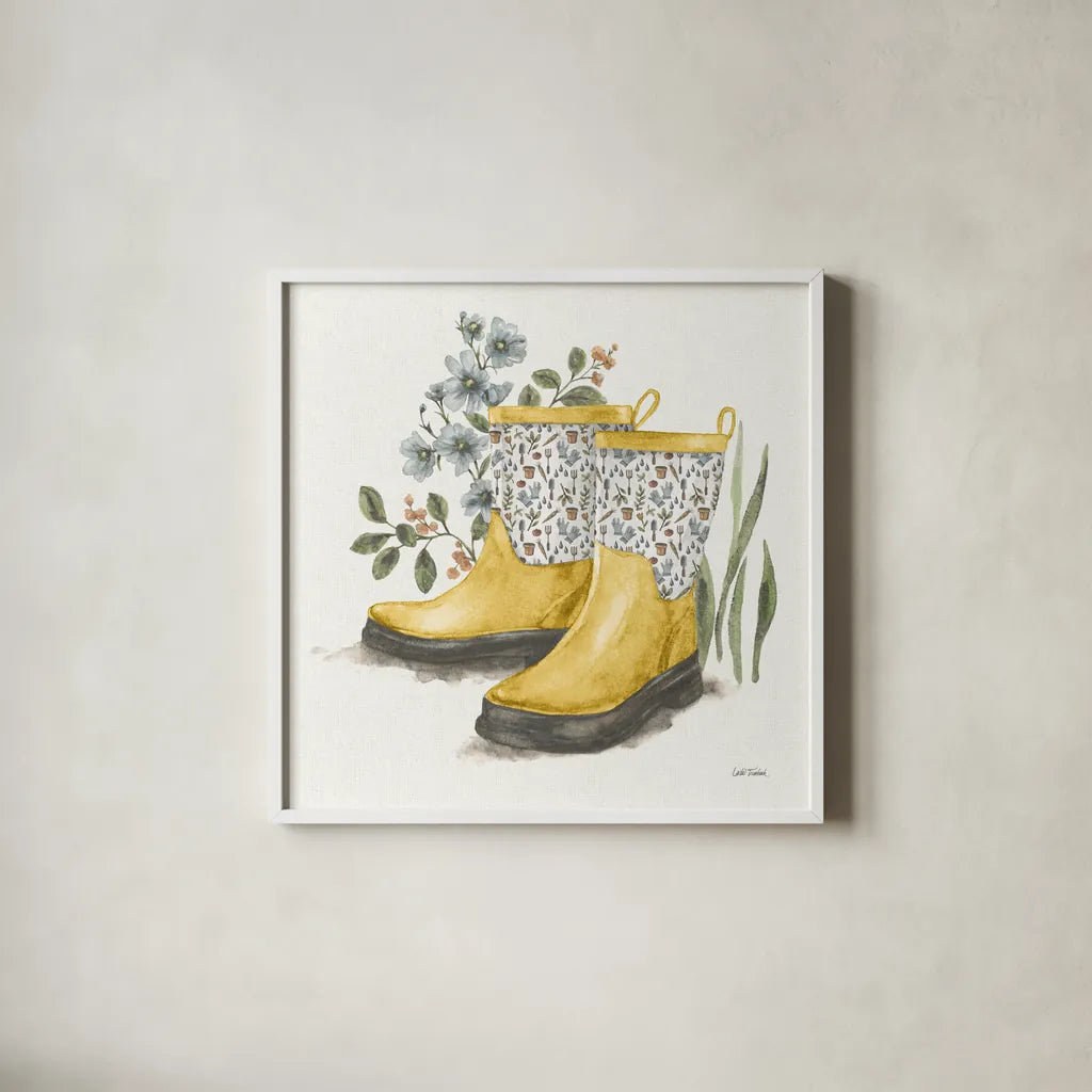 Garden Patch VIII Yellow by Leslie Trimbach. Shown in a crisp white glass frame for a clean and minimalist style. Available as an archival giclee rolled canvas, fine art paper, or poster print. SKU 90741a.