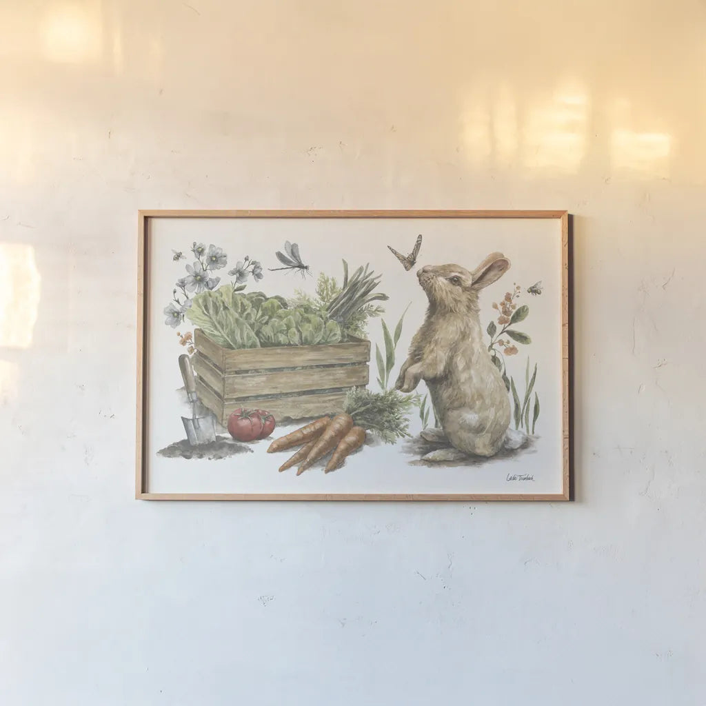 Garden Patch X by Leslie Trimbach. shown as a paper print in a natural frame. Available as a archival giclee rolled canvas, fine art paper, or poster print. SKU 90669i.