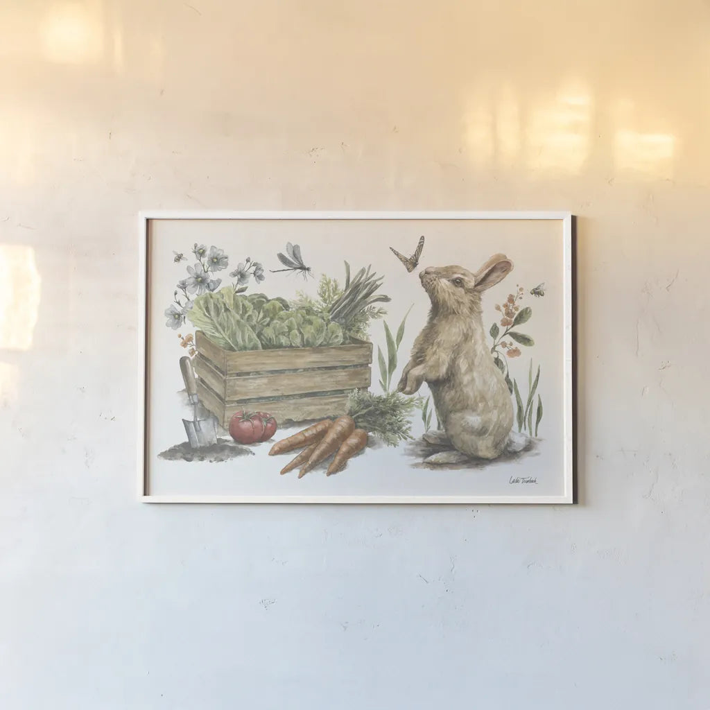 Garden Patch X by Leslie Trimbach. shown as a paper print in a white frame. Available as a archival giclee rolled canvas, fine art paper, or poster print. SKU 90669i.