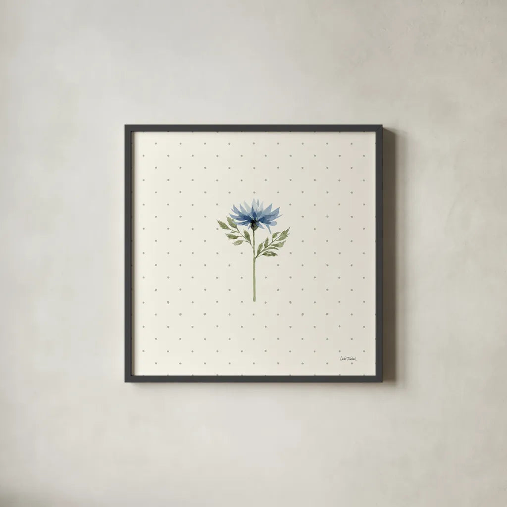 Gentle Bloom I by Leslie Trimbach. Shown in a sleek black glass frame for a contemporary gallery look. Available as an archival giclee rolled canvas, fine art paper, or poster print. SKU 98931a.