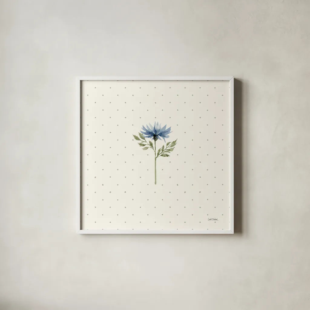 Gentle Bloom I by Leslie Trimbach. Shown in a crisp white glass frame for a clean and minimalist style. Available as an archival giclee rolled canvas, fine art paper, or poster print. SKU 98931a.