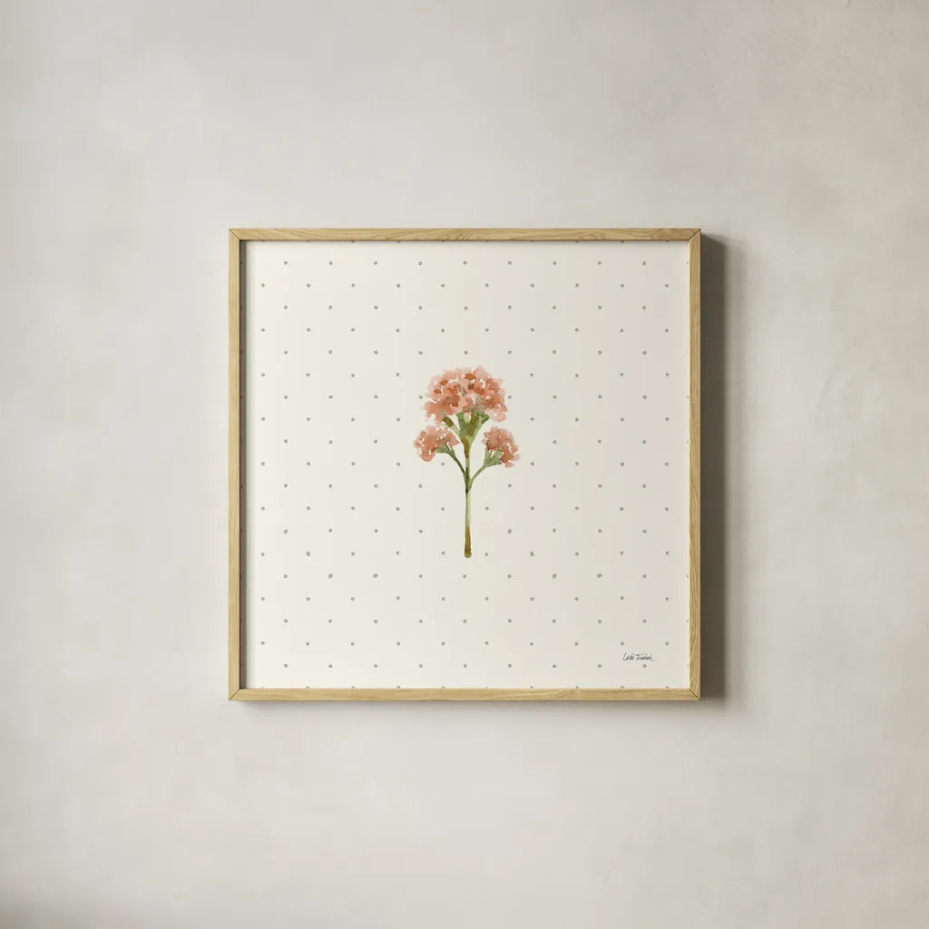 Gentle Bloom II by Leslie Trimbach. Shown in a natural wood glass frame for a timeless modern aesthetic. Available as an archival giclee rolled canvas, fine art paper, or poster print. SKU 98932a.