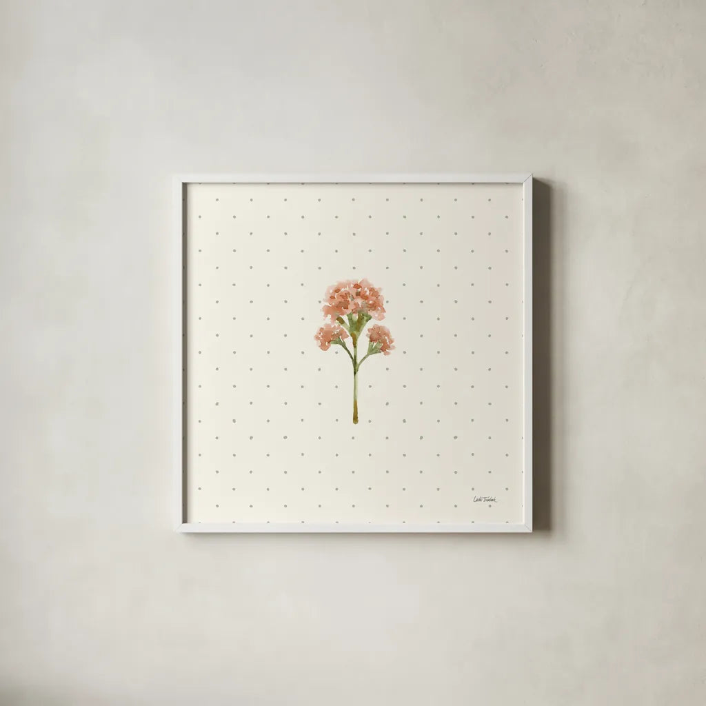 Gentle Bloom II by Leslie Trimbach. Shown in a crisp white glass frame for a clean and minimalist style. Available as an archival giclee rolled canvas, fine art paper, or poster print. SKU 98932a.