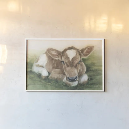 Gentle Calf by Leslie Trimbach. shown as a paper print in a white frame. Available as a archival giclee rolled canvas, fine art paper, or poster print. SKU 87356i.