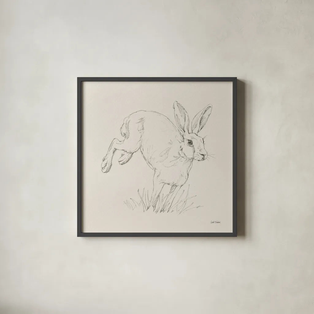 Graceful Rabbit I by Leslie Trimbach. Shown in a sleek black glass frame for a contemporary gallery look. Available as an archival giclee rolled canvas, fine art paper, or poster print. SKU 85186a.