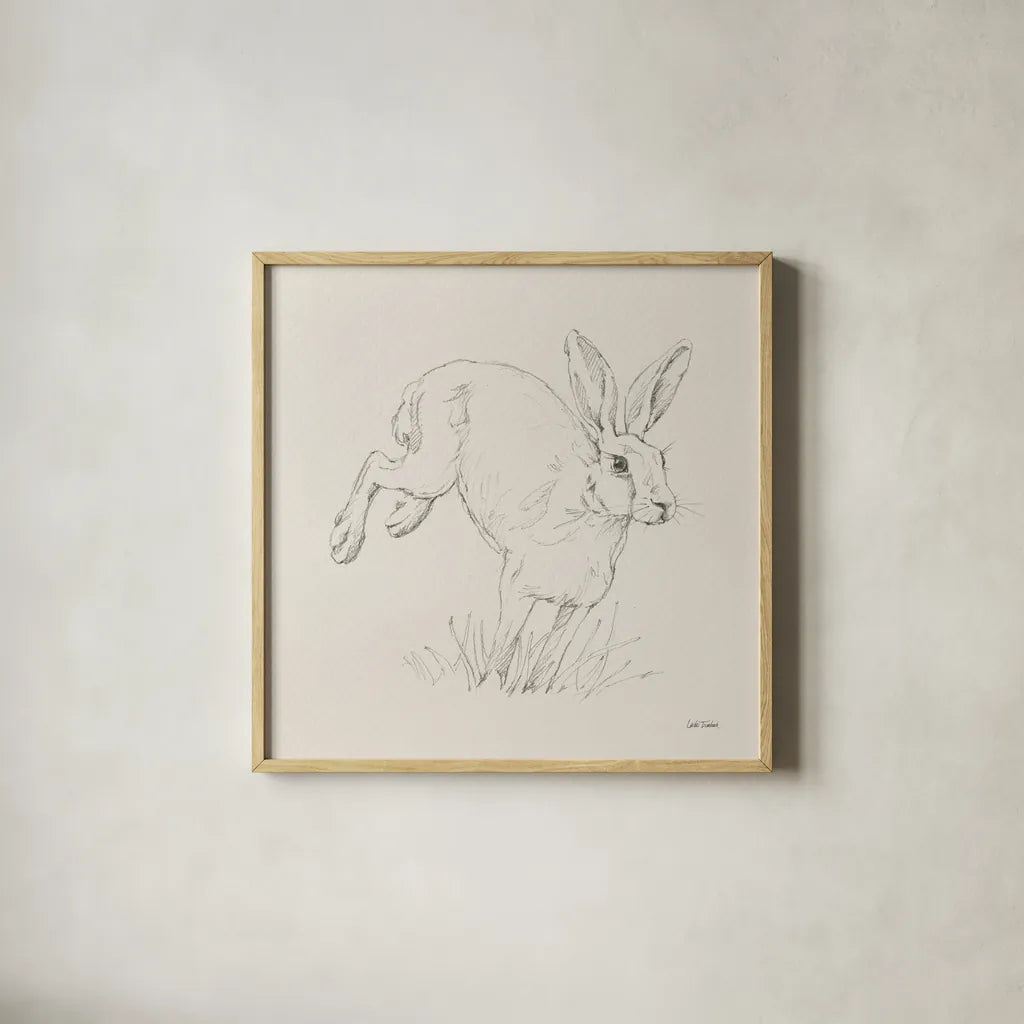 Graceful Rabbit I by Leslie Trimbach. Shown in a natural wood glass frame for a timeless modern aesthetic. Available as an archival giclee rolled canvas, fine art paper, or poster print. SKU 85186a.