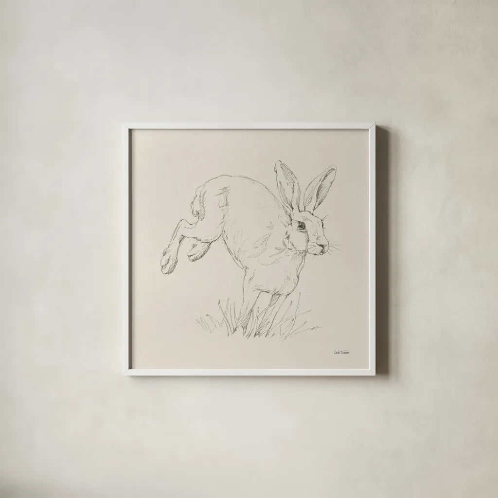 Graceful Rabbit I by Leslie Trimbach. Shown in a crisp white glass frame for a clean and minimalist style. Available as an archival giclee rolled canvas, fine art paper, or poster print. SKU 85186a.