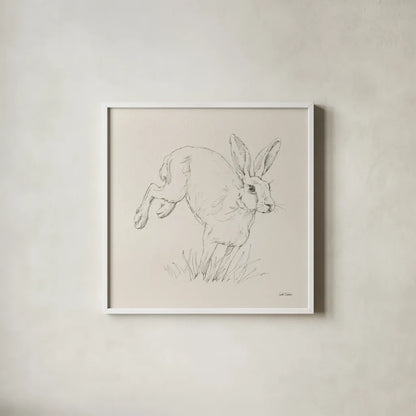 Graceful Rabbit I by Leslie Trimbach. Shown in a crisp white glass frame for a clean and minimalist style. Available as an archival giclee rolled canvas, fine art paper, or poster print. SKU 85186a.