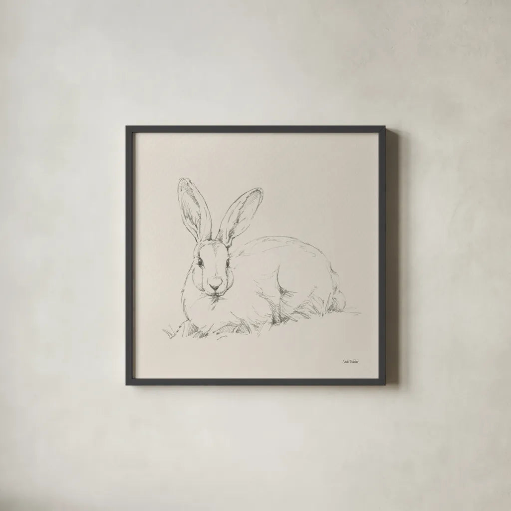 Graceful Rabbit II by Leslie Trimbach. Shown in a sleek black glass frame for a contemporary gallery look. Available as an archival giclee rolled canvas, fine art paper, or poster print. SKU 85187a.