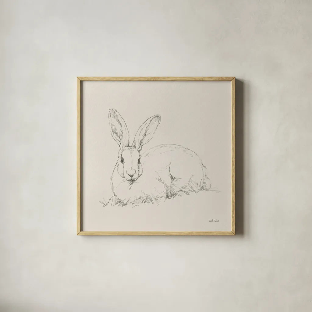 Graceful Rabbit II by Leslie Trimbach. Shown in a natural wood glass frame for a timeless modern aesthetic. Available as an archival giclee rolled canvas, fine art paper, or poster print. SKU 85187a.