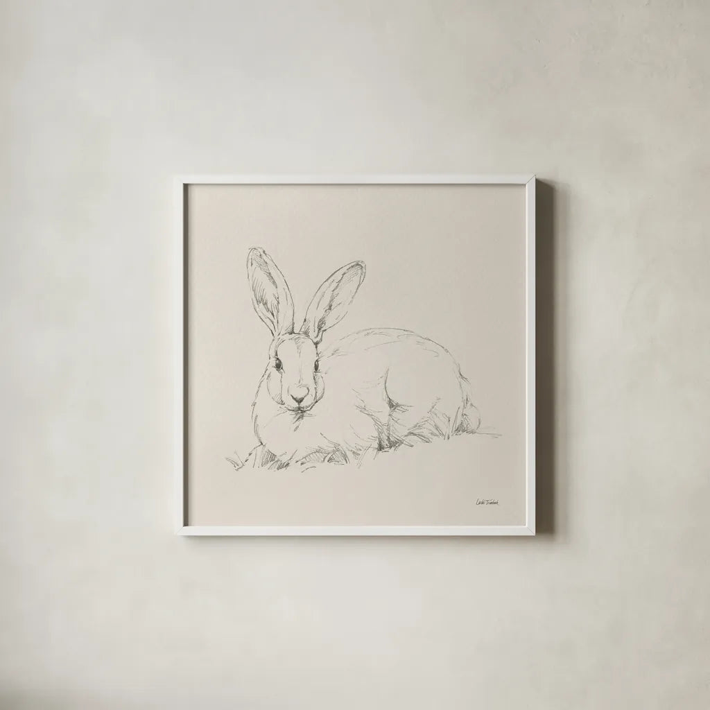 Graceful Rabbit II by Leslie Trimbach. Shown in a crisp white glass frame for a clean and minimalist style. Available as an archival giclee rolled canvas, fine art paper, or poster print. SKU 85187a.