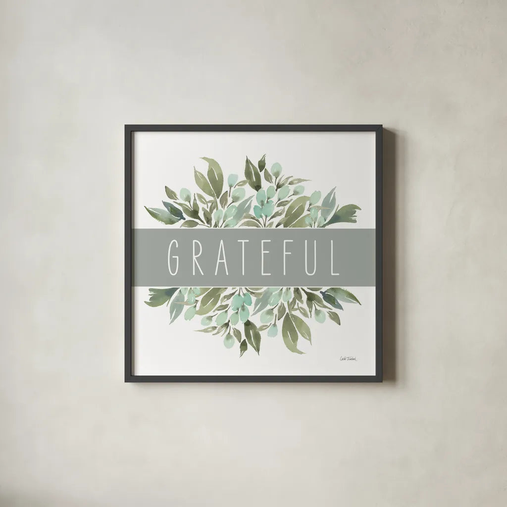Grateful by Leslie Trimbach. Shown in a sleek black glass frame for a contemporary gallery look. Available as an archival giclee rolled canvas, fine art paper, or poster print. SKU 89226a.
