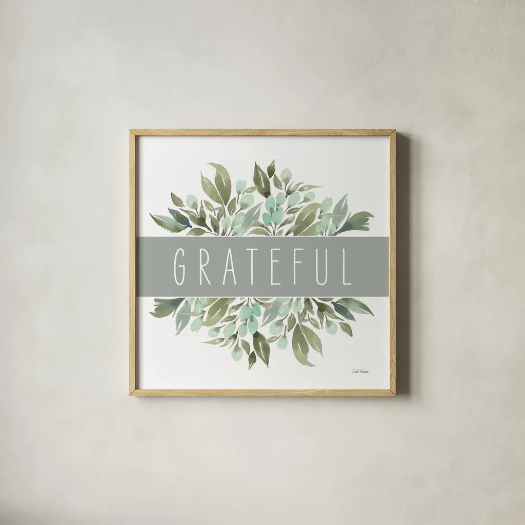Grateful by Leslie Trimbach. Shown in a natural wood glass frame for a timeless modern aesthetic. Available as an archival giclee rolled canvas, fine art paper, or poster print. SKU 89226a.