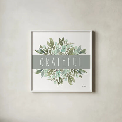 Grateful by Leslie Trimbach. Shown in a crisp white glass frame for a clean and minimalist style. Available as an archival giclee rolled canvas, fine art paper, or poster print. SKU 89226a.