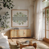 Grateful by Leslie Trimbach. Shown in a natural wood frame in a cozy modern living room. Available as an archival giclee rolled canvas, fine art paper, or poster print. SKU 89226a.