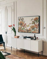 Harvest Home I by Leslie Trimbach. shown as a framed stretched canvas in a living room above a console. Available as a archival giclee rolled canvas, fine art paper, or poster print. SKU 101355i.