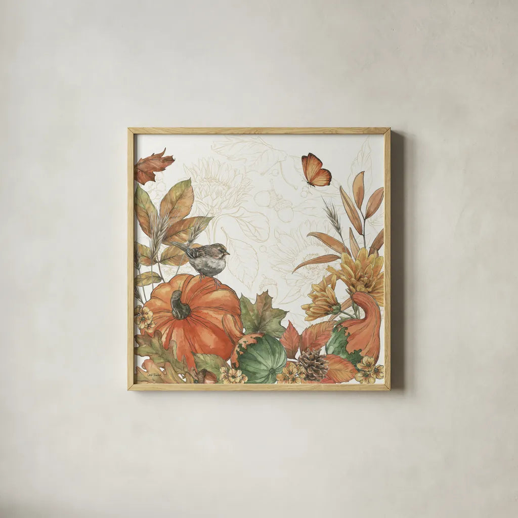 Harvest Home II by Leslie Trimbach. Shown in a natural wood glass frame for a timeless modern aesthetic. Available as an archival giclee rolled canvas, fine art paper, or poster print. SKU 101356a.