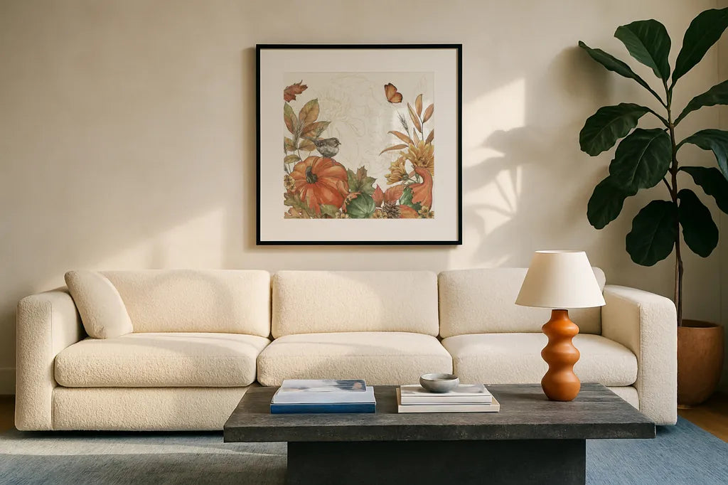 Harvest Home II by Leslie Trimbach. Displayed in a glass frame with matte in a clean modern living room. Available as an archival giclee rolled canvas, fine art paper, or poster print. SKU 101356a.
