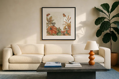 Harvest Home II by Leslie Trimbach. Displayed in a glass frame with matte in a clean modern living room. Available as an archival giclee rolled canvas, fine art paper, or poster print. SKU 101356a.