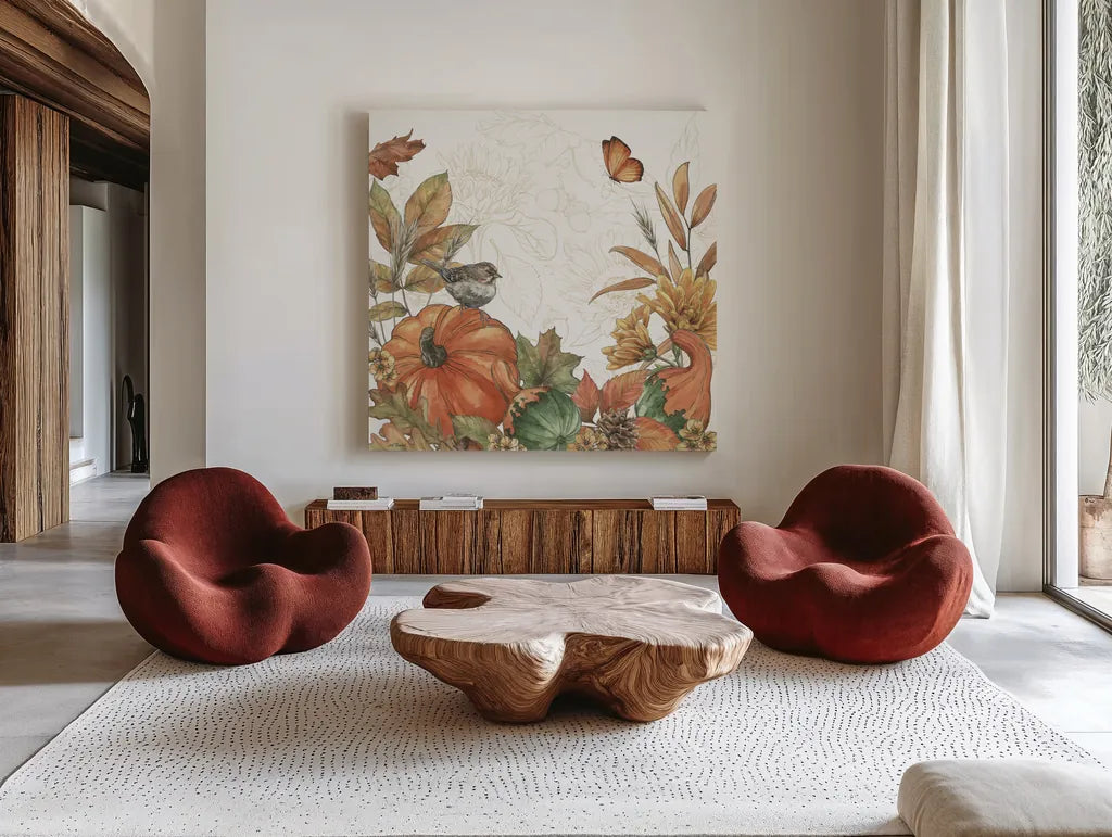 Harvest Home II by Leslie Trimbach. Shown as extra-large giant wall art in a modern living room. Available as an archival giclee rolled canvas, fine art paper, or poster print. SKU 101356a.