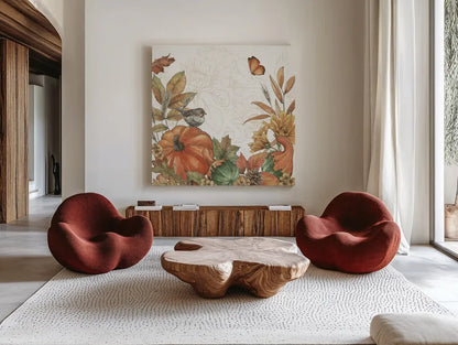 Harvest Home II by Leslie Trimbach. Shown as extra-large giant wall art in a modern living room. Available as an archival giclee rolled canvas, fine art paper, or poster print. SKU 101356a.