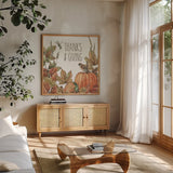 Harvest Home V by Leslie Trimbach. Shown in a natural wood frame in a cozy modern living room. Available as an archival giclee rolled canvas, fine art paper, or poster print. SKU 101359a.