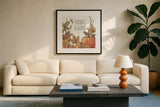 Harvest Home V by Leslie Trimbach. Displayed in a glass frame with matte in a clean modern living room. Available as an archival giclee rolled canvas, fine art paper, or poster print. SKU 101359a.