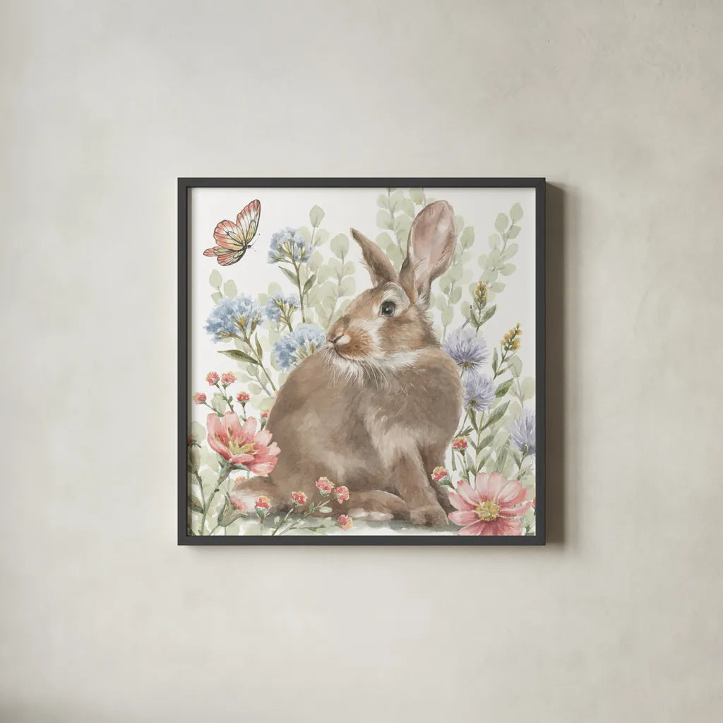 Hop Into Spring II by Leslie Trimbach. Shown in a sleek black glass frame for a contemporary gallery look. Available as an archival giclee rolled canvas, fine art paper, or poster print. SKU 98307a.