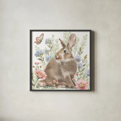 Hop Into Spring II by Leslie Trimbach. Shown in a sleek black glass frame for a contemporary gallery look. Available as an archival giclee rolled canvas, fine art paper, or poster print. SKU 98307a.