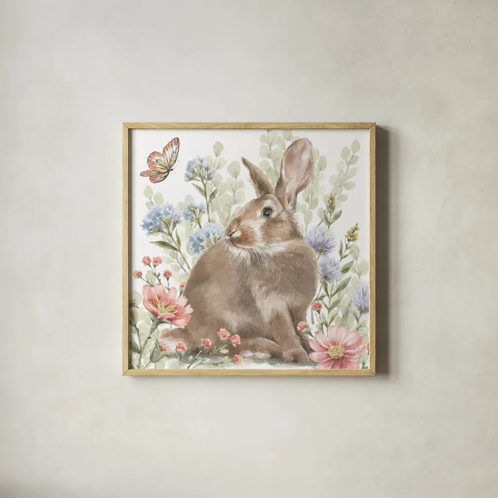 Hop Into Spring II by Leslie Trimbach. Shown in a natural wood glass frame for a timeless modern aesthetic. Available as an archival giclee rolled canvas, fine art paper, or poster print. SKU 98307a.