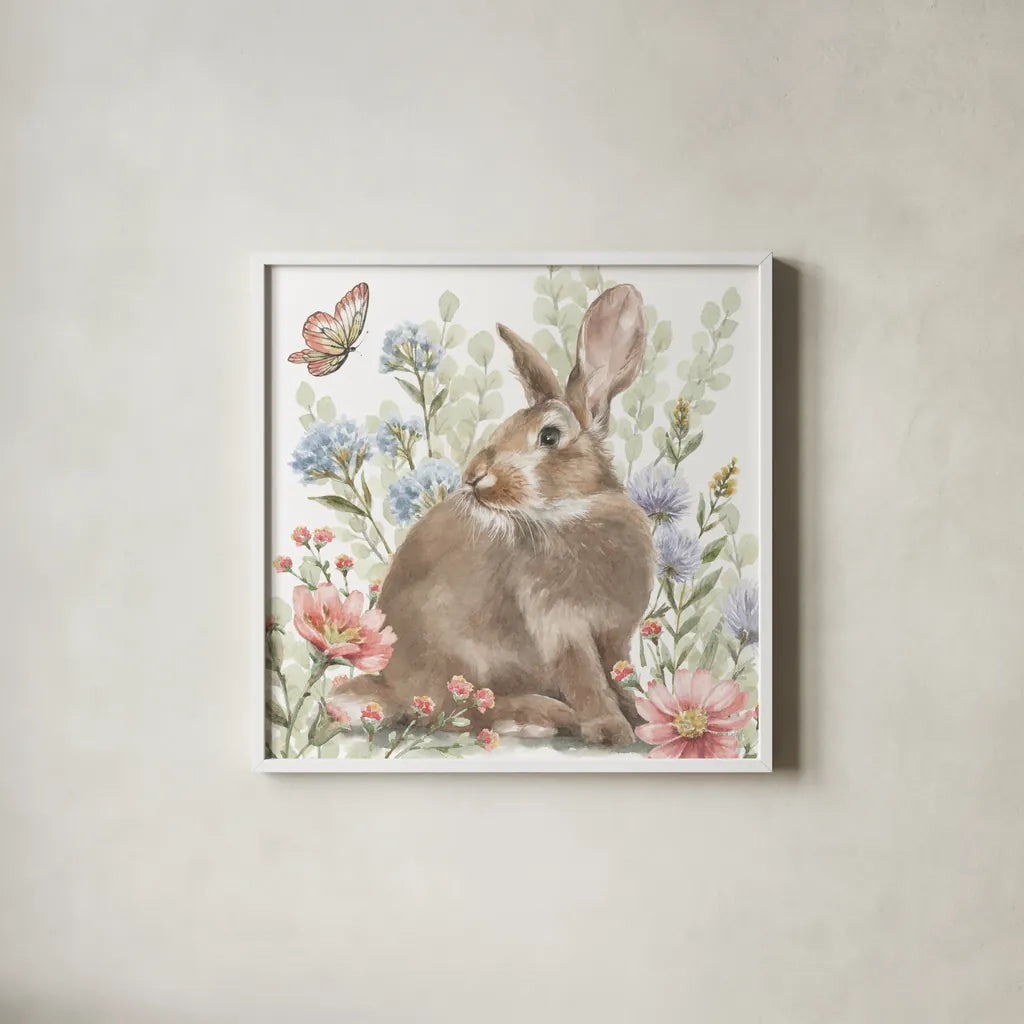 Hop Into Spring II by Leslie Trimbach. Shown in a crisp white glass frame for a clean and minimalist style. Available as an archival giclee rolled canvas, fine art paper, or poster print. SKU 98307a.