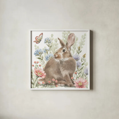Hop Into Spring II by Leslie Trimbach. Shown in a crisp white glass frame for a clean and minimalist style. Available as an archival giclee rolled canvas, fine art paper, or poster print. SKU 98307a.