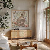 Hop Into Spring II by Leslie Trimbach. Shown in a natural wood frame in a cozy modern living room. Available as an archival giclee rolled canvas, fine art paper, or poster print. SKU 98307a.