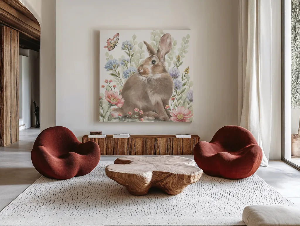 Hop Into Spring II by Leslie Trimbach. Shown as extra-large giant wall art in a modern living room. Available as an archival giclee rolled canvas, fine art paper, or poster print. SKU 98307a.