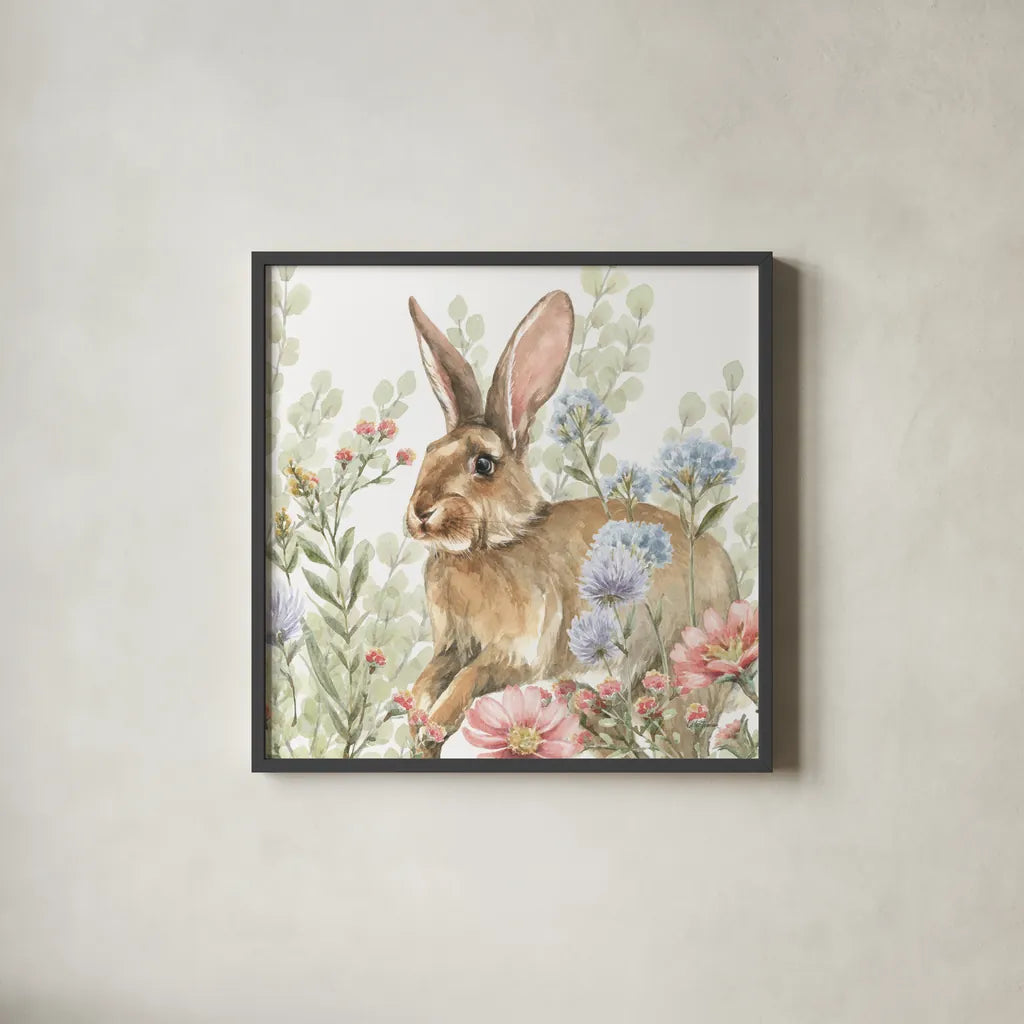 Hop Into Spring III by Leslie Trimbach. Shown in a sleek black glass frame for a contemporary gallery look. Available as an archival giclee rolled canvas, fine art paper, or poster print. SKU 98308a.