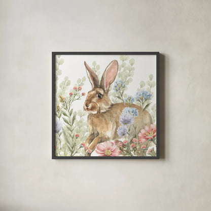 Hop Into Spring III by Leslie Trimbach. Shown in a sleek black glass frame for a contemporary gallery look. Available as an archival giclee rolled canvas, fine art paper, or poster print. SKU 98308a.