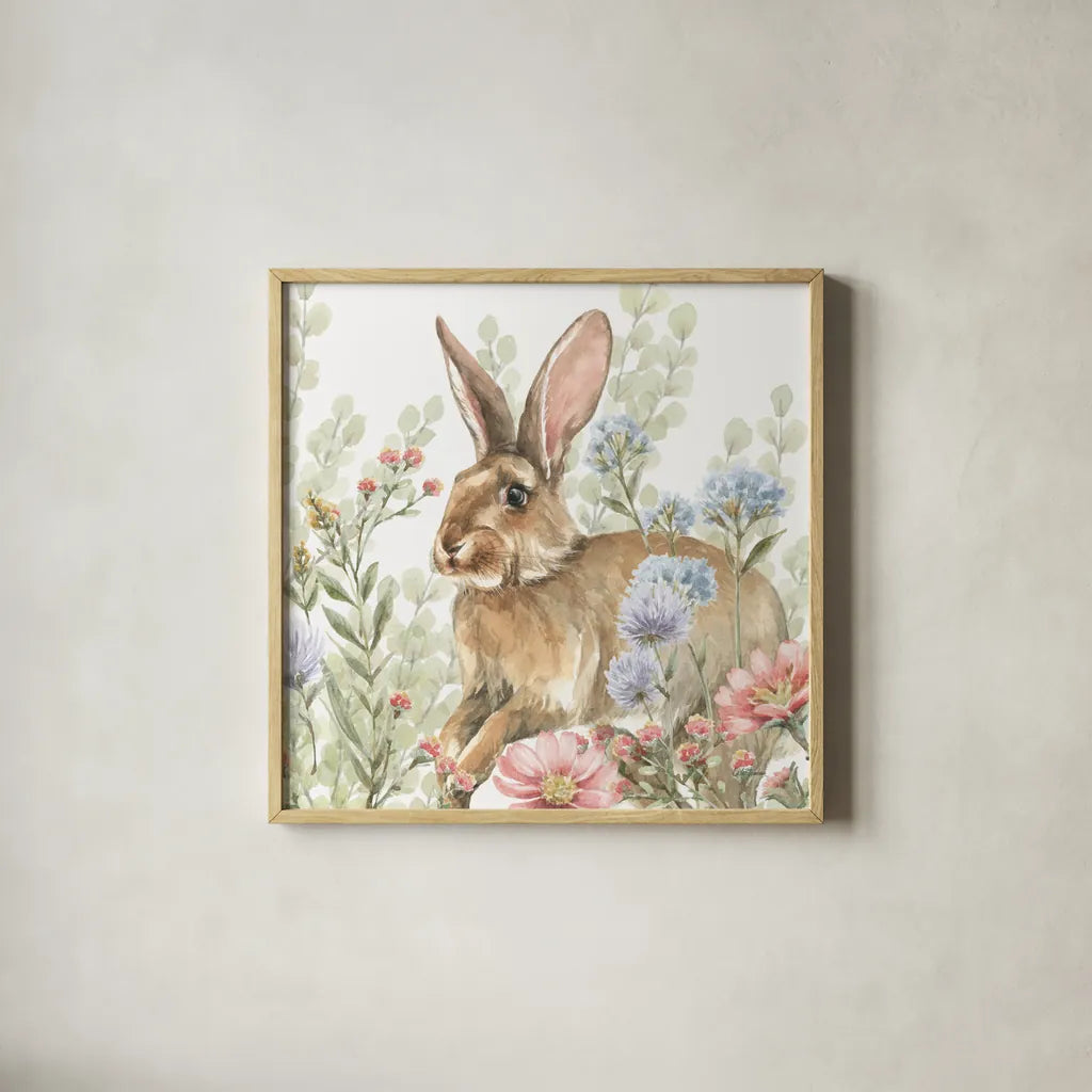 Hop Into Spring III by Leslie Trimbach. Shown in a natural wood glass frame for a timeless modern aesthetic. Available as an archival giclee rolled canvas, fine art paper, or poster print. SKU 98308a.