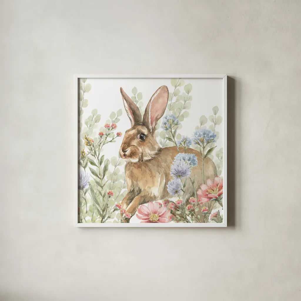 Hop Into Spring III by Leslie Trimbach. Shown in a crisp white glass frame for a clean and minimalist style. Available as an archival giclee rolled canvas, fine art paper, or poster print. SKU 98308a.