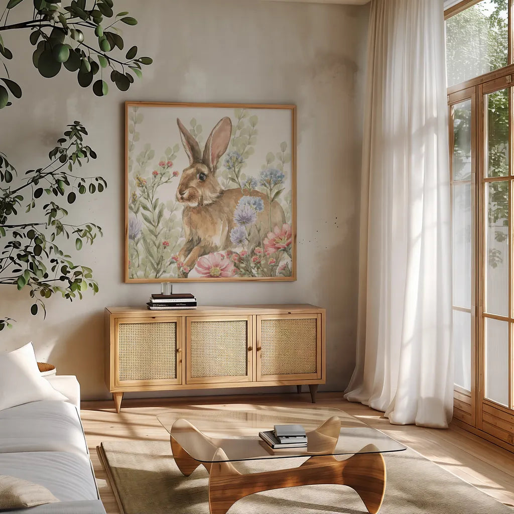 Hop Into Spring III by Leslie Trimbach. Shown in a natural wood frame in a cozy modern living room. Available as an archival giclee rolled canvas, fine art paper, or poster print. SKU 98308a.