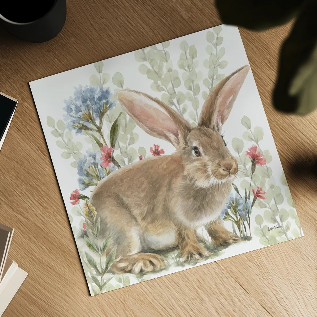 Hop Into Spring IV by Leslie Trimbach. Shown as a detailed flat fine art print, highlighting archival giclee quality. Available as an archival giclee rolled canvas, fine art paper, or poster print. SKU 98309a.