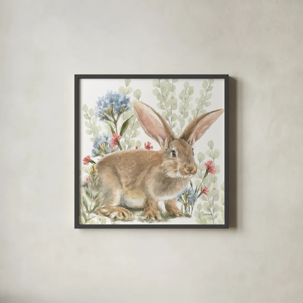 Hop Into Spring IV by Leslie Trimbach. Shown in a sleek black glass frame for a contemporary gallery look. Available as an archival giclee rolled canvas, fine art paper, or poster print. SKU 98309a.
