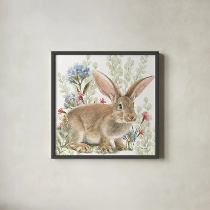 Hop Into Spring IV by Leslie Trimbach. Shown in a sleek black glass frame for a contemporary gallery look. Available as an archival giclee rolled canvas, fine art paper, or poster print. SKU 98309a.