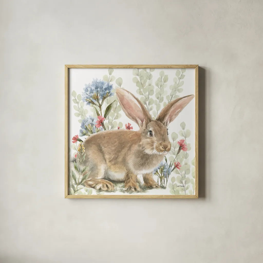 Hop Into Spring IV by Leslie Trimbach. Shown in a natural wood glass frame for a timeless modern aesthetic. Available as an archival giclee rolled canvas, fine art paper, or poster print. SKU 98309a.