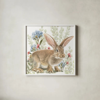 Hop Into Spring IV by Leslie Trimbach. Shown in a crisp white glass frame for a clean and minimalist style. Available as an archival giclee rolled canvas, fine art paper, or poster print. SKU 98309a.