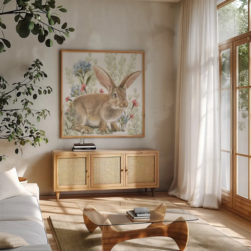 Hop Into Spring IV by Leslie Trimbach. Shown in a natural wood frame in a cozy modern living room. Available as an archival giclee rolled canvas, fine art paper, or poster print. SKU 98309a.