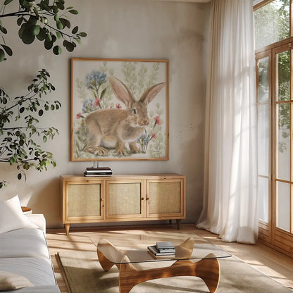 Hop Into Spring IV by Leslie Trimbach. Shown in a natural wood frame in a cozy modern living room. Available as an archival giclee rolled canvas, fine art paper, or poster print. SKU 98309a.